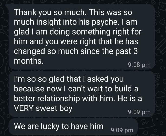 Pet parent testimonial for animal communication services