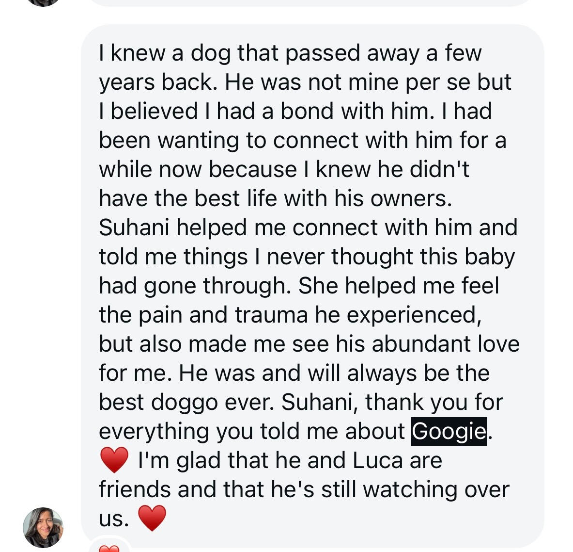 Pet parent testimonial for animal communication services